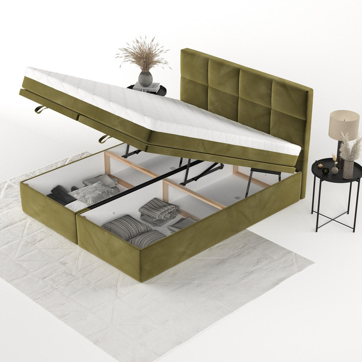 BOXBETT Tessa 180/200 cm Olivgrün im Kronos Stoff - Schwarz/Olivgrün, Holz/Holzwerkstoff (180/200cm) - AltaBeds