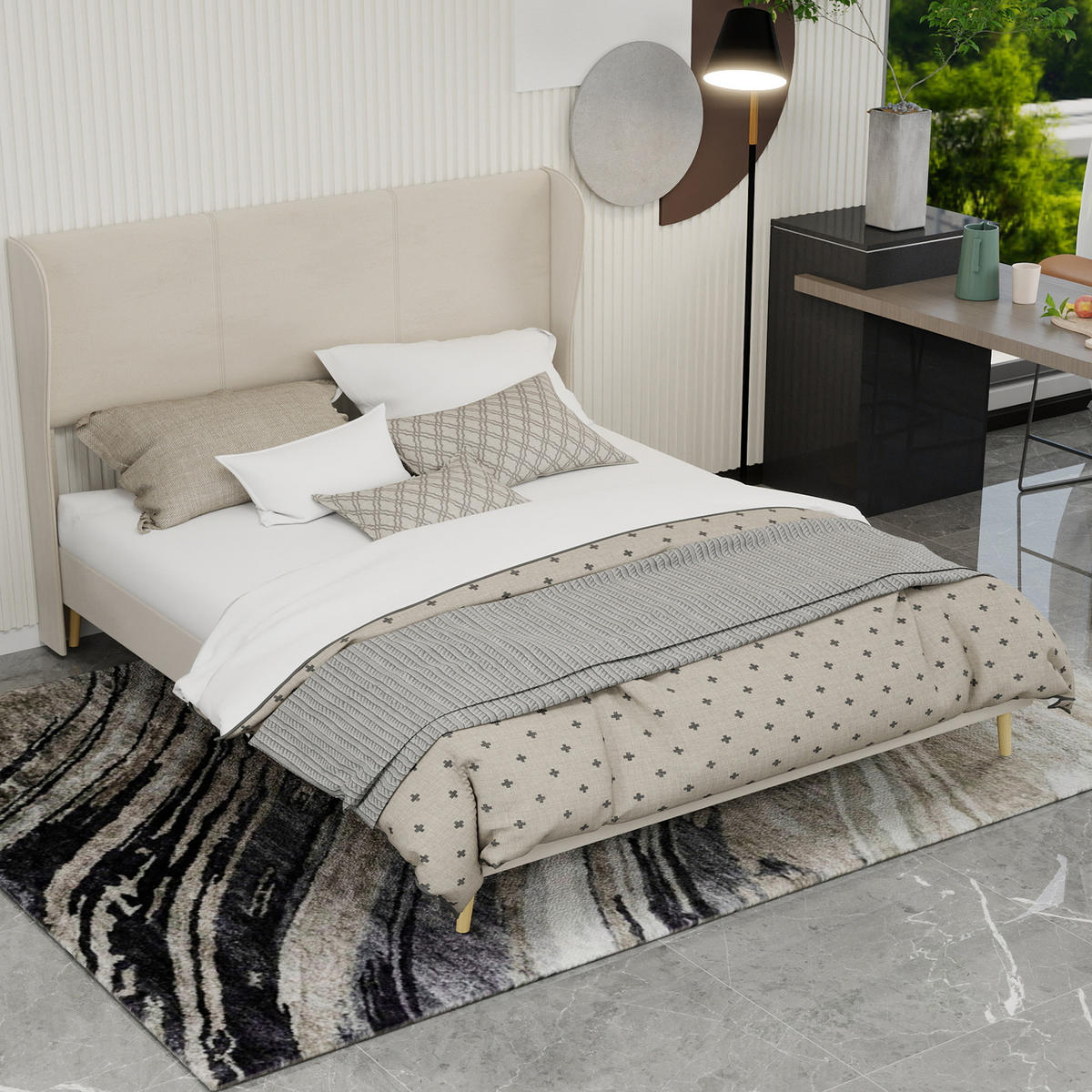 ČALÚNENÁ posteľ 160/200 cm béžová s mäkkým čelom z látky a kovu - béžová, textil (160/200cm) - OKWISH