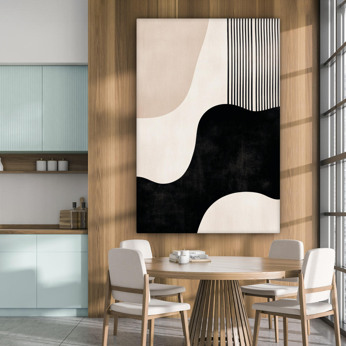 LEINWANDBILD Abstrakt - Japandi - Beige - Modern 90x140 cm - Schwarz, Textil (90/140cm) - MuchoWow