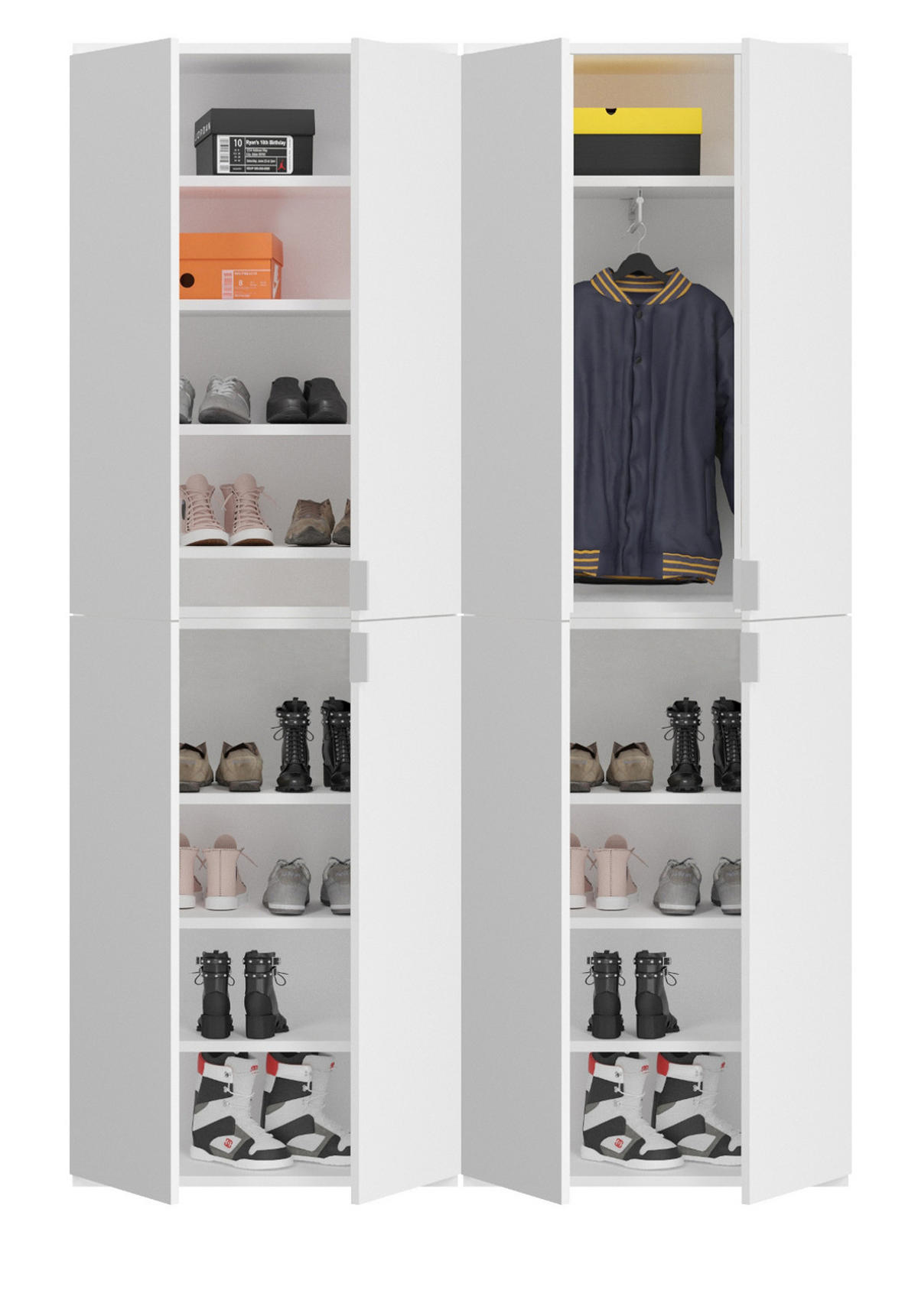 SCHUHSCHRANK weiß Hochglanz 122 cm, Garderobe mit 18 Fächern, Garderobenmöbel - Weiß Hochglanz/Silberfarben, Holzwerkstoff/Kunststoff (122/193/34cm) - Inn.Furn