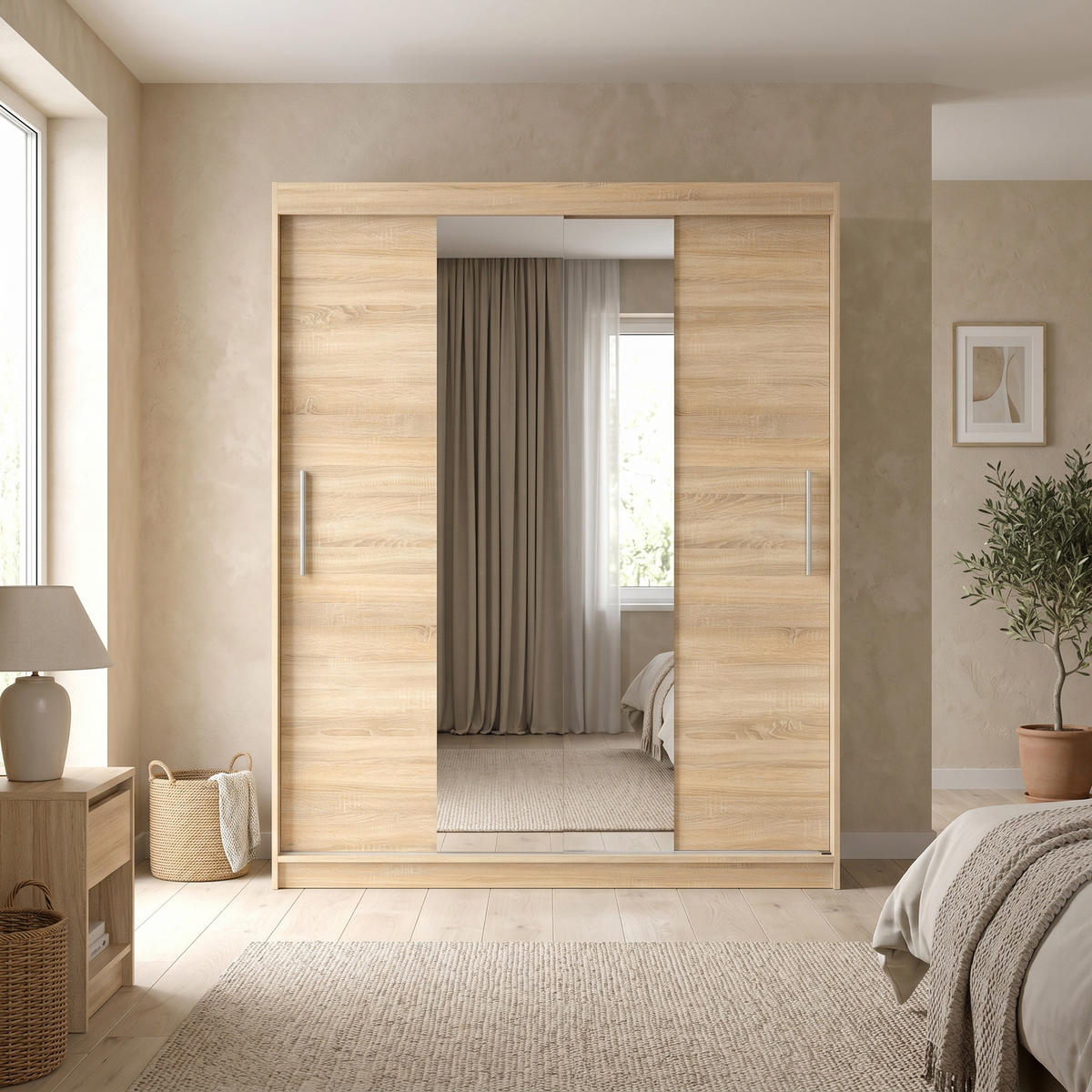 SCHWEBETÜRENSCHRANK VIVA 200/215,5/59cm 2-türig mit Spiegel Sonoma Eiche - Sonoma Eiche, Holzwerkstoff (200/215.5/59cm) - MASSENO
