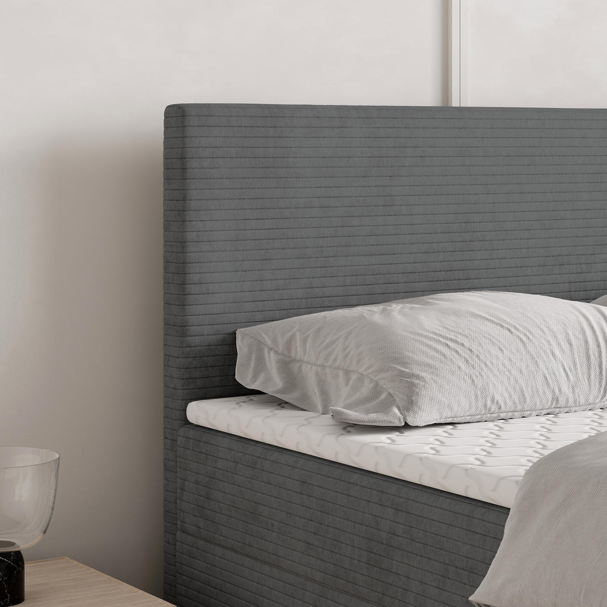 BOXBETT NIRA 160x200 cm mit Matratze und Topper - Grau - Grau, Holz (160/200cm) - MASSENO