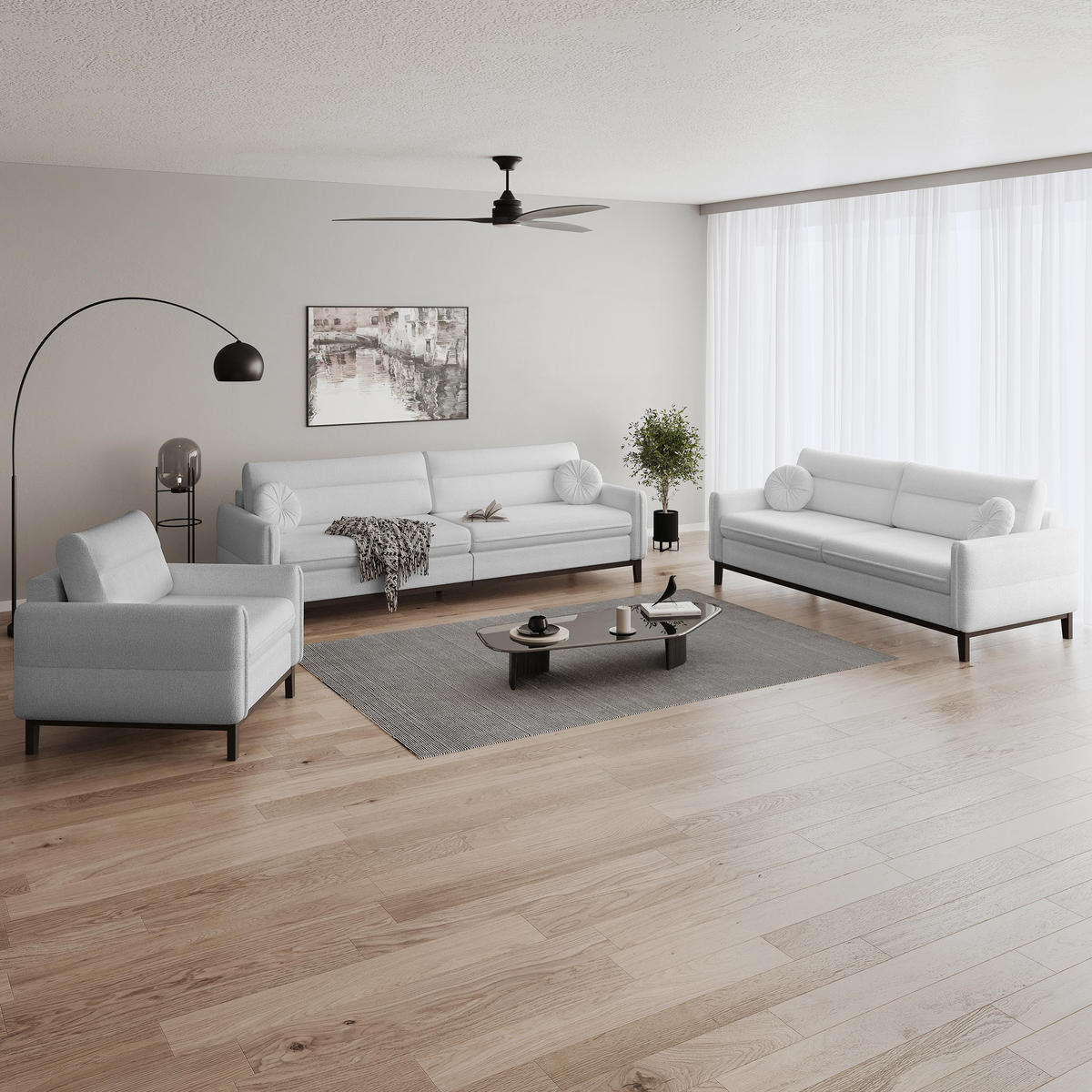 SITZGARNITUR Belweder, zwei Sofas+Sessel, Hellgrau, Bouclé - Wengefarben/Hellgrau, Holz/Textil (268/95/94cm) - Beautysofa