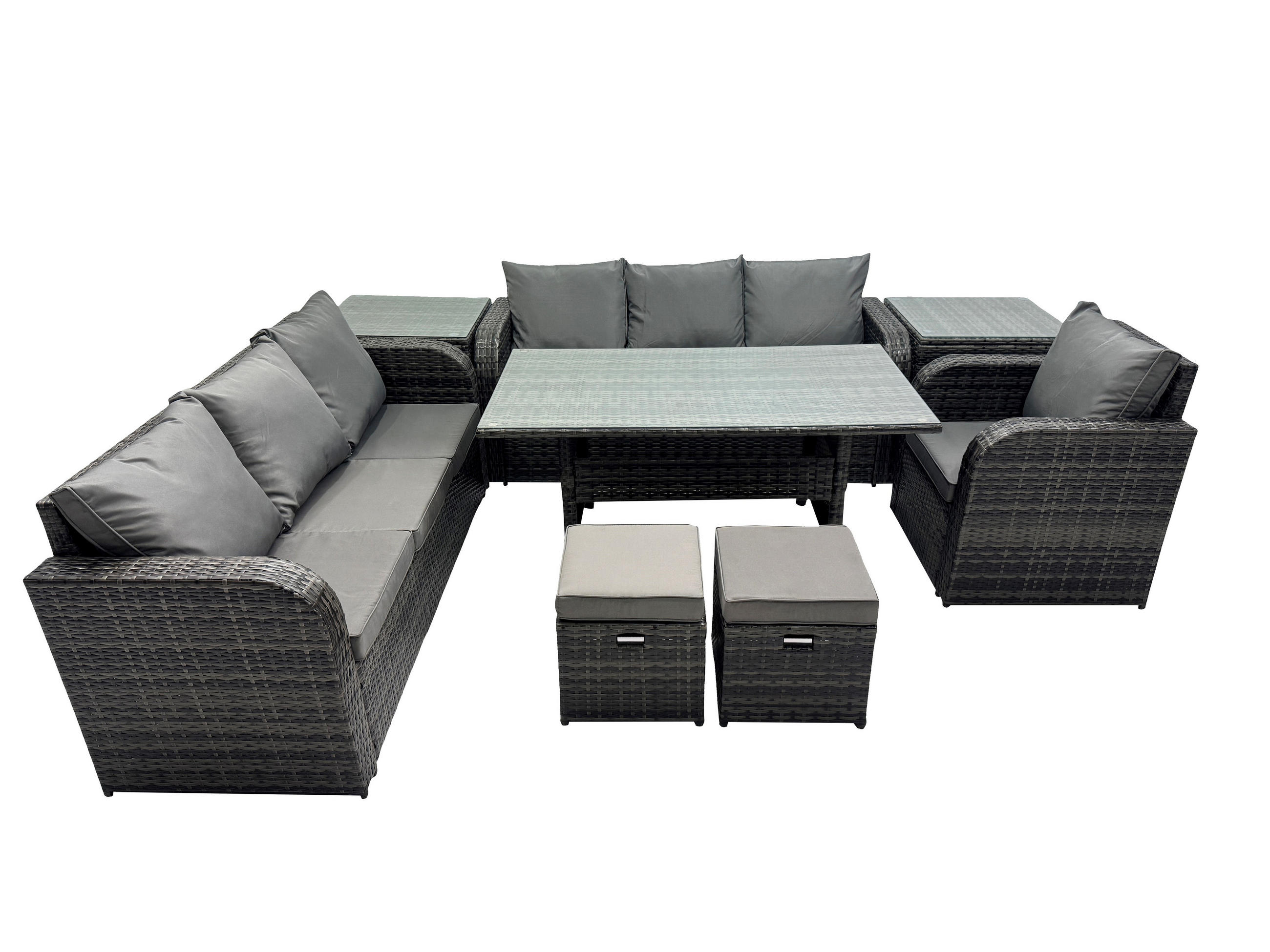 GARTENTISCHGRUPPE mit 2 Beistelltischen,2 Hocker Polyrattan Dunkelgrau 9-Sitzer - Dunkelgrau/Grau, Glas/Kunststoff - Fimous