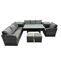 GARTENTISCHGRUPPE mit 2 Beistelltischen,2 Hocker Polyrattan Dunkelgrau 9-Sitzer - Dunkelgrau/Grau, Glas/Kunststoff - Fimous