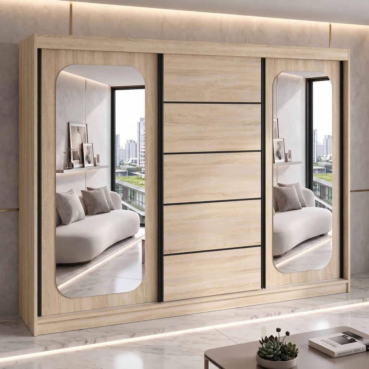 SCHWEBETÜRENSCHRANK BELANO 200 cm. Innenausstattung: Comfort plus - Braun, Holzwerkstoff (200/215/59.5cm) - A&J MöbelLand