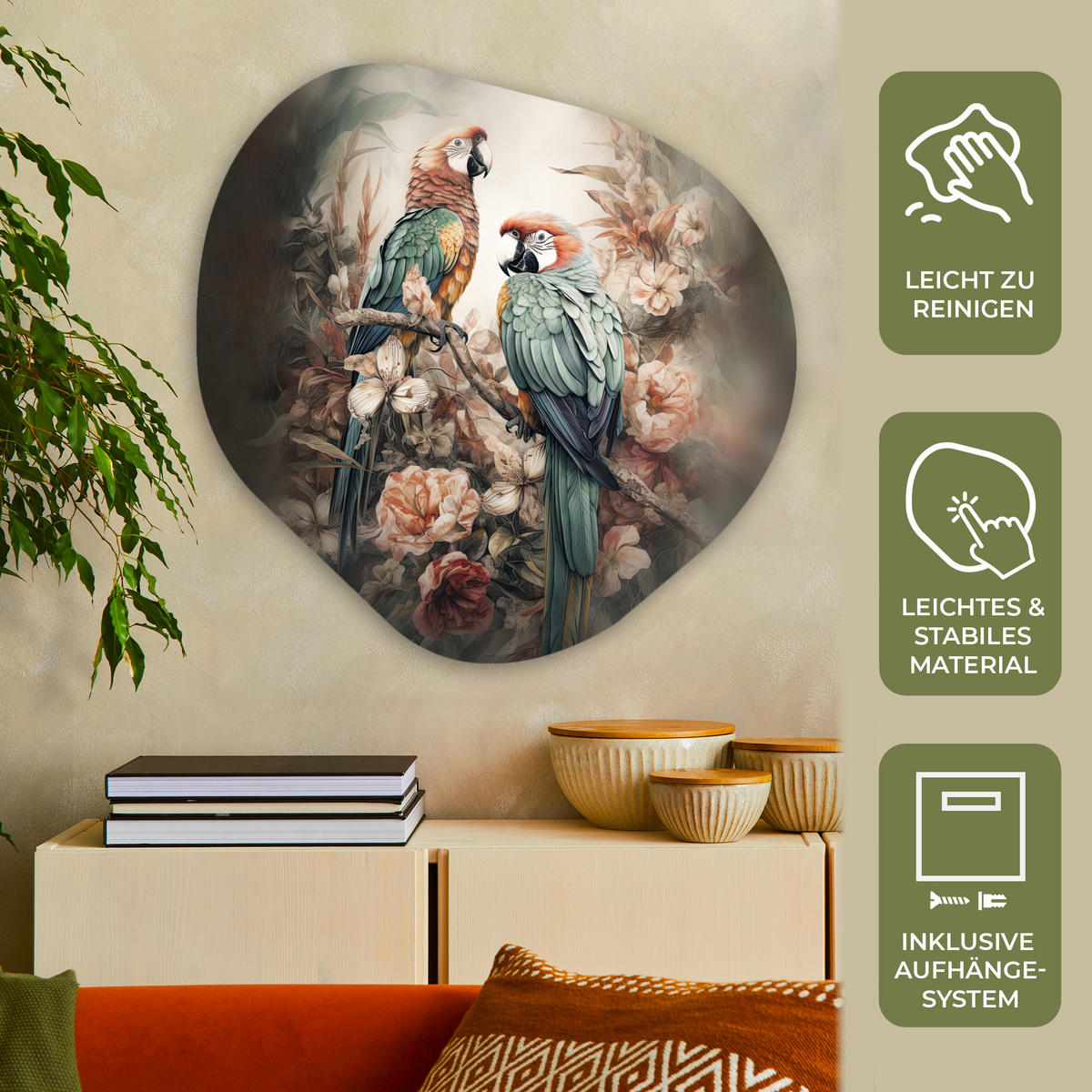 WANDBILD Papageien - Vögel - Natur - Blumen 90x90 cm - Baltimorefarben, Kunststoff (90/90cm) - MuchoWow