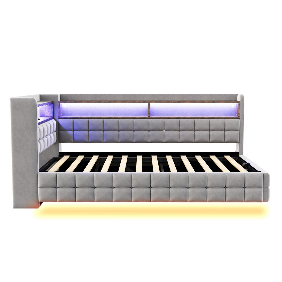 SCHLAFSOFA 90/200 cm mit hydraulischem Stauraum, Holzregalen, LED, Steckdose, USB und Typ-C, Samt, Hellgrau - Hellgrau, Textil (90/200cm) - Redom