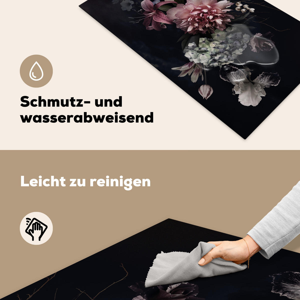 HERDABDECKPLATTE Blumen - Vintage - Pastell - Rosa - Weiß Induktionsschutz 89.6x51.6 cm - Altrosa, Kunststoff (89.6/51.6/0.2cm) - MuchoWow