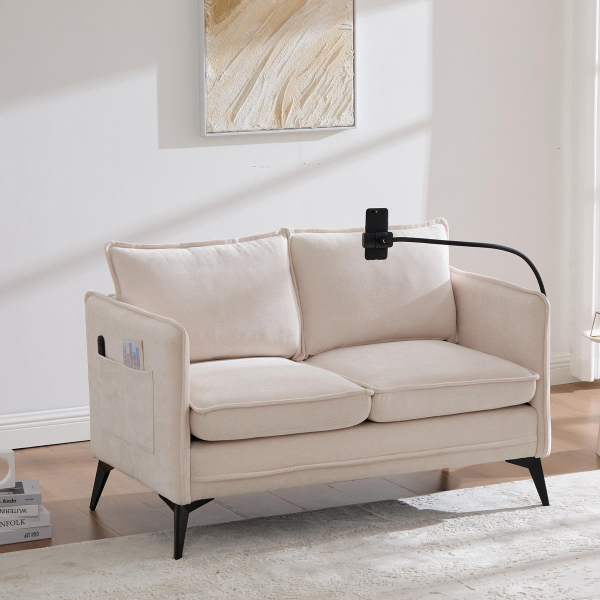 SOFA 2-Sitzer modernes Design mit Handy-Halterung Beige Chenille 127/69/66 cm - Beige, Textil (127/66/69cm) - OKWISH