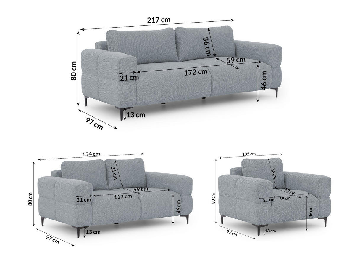 SITZGARNITUR 3+2+1 Cardea in Bubble-Optik aus weichem Grau Strukturstoff mit hohem Sitzkomfort - Schwarz/Grau, Holz/Textil (217/80/97cm) - S-Style Möbel