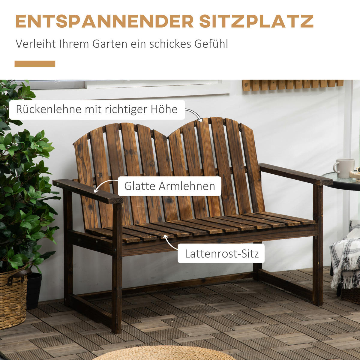GARTENBANK, 2-Sitzer Sitzbank, Holzbank mit Rückenlehne, Armlehne, Parkbank, Verkohlt - Dunkelbraun, Holz (63/86/114cm) - Outsunny