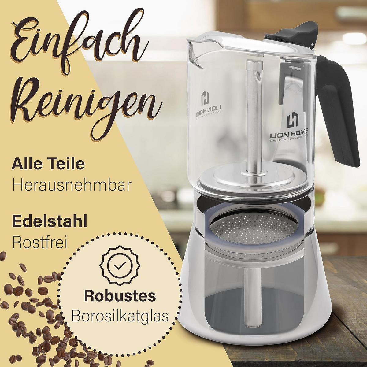 GLAS-ESPRESSOKOCHER - Edelstahlfarben, Glas (10/17/10cm) - Lion Home	