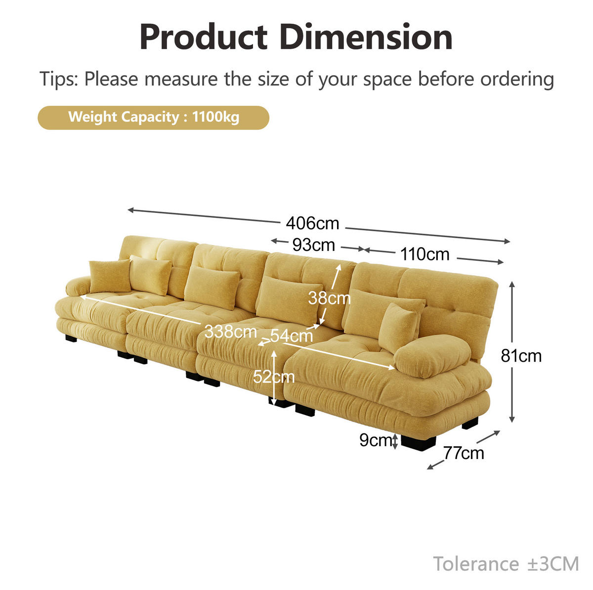 ECKSOFA 406/77/81 cm gelb aus Chenille mit Tiefensitz und modularem Komfort - Gelb, Textil (77/406cm) - OKWISH