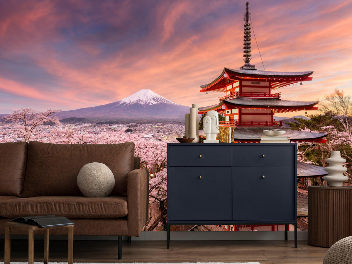 FOTOTAPETE Pagode Berg Fuji Sakura Landschaft 3D 200x140 - Rot/Violett, Papier (200/140cm) - Muralo