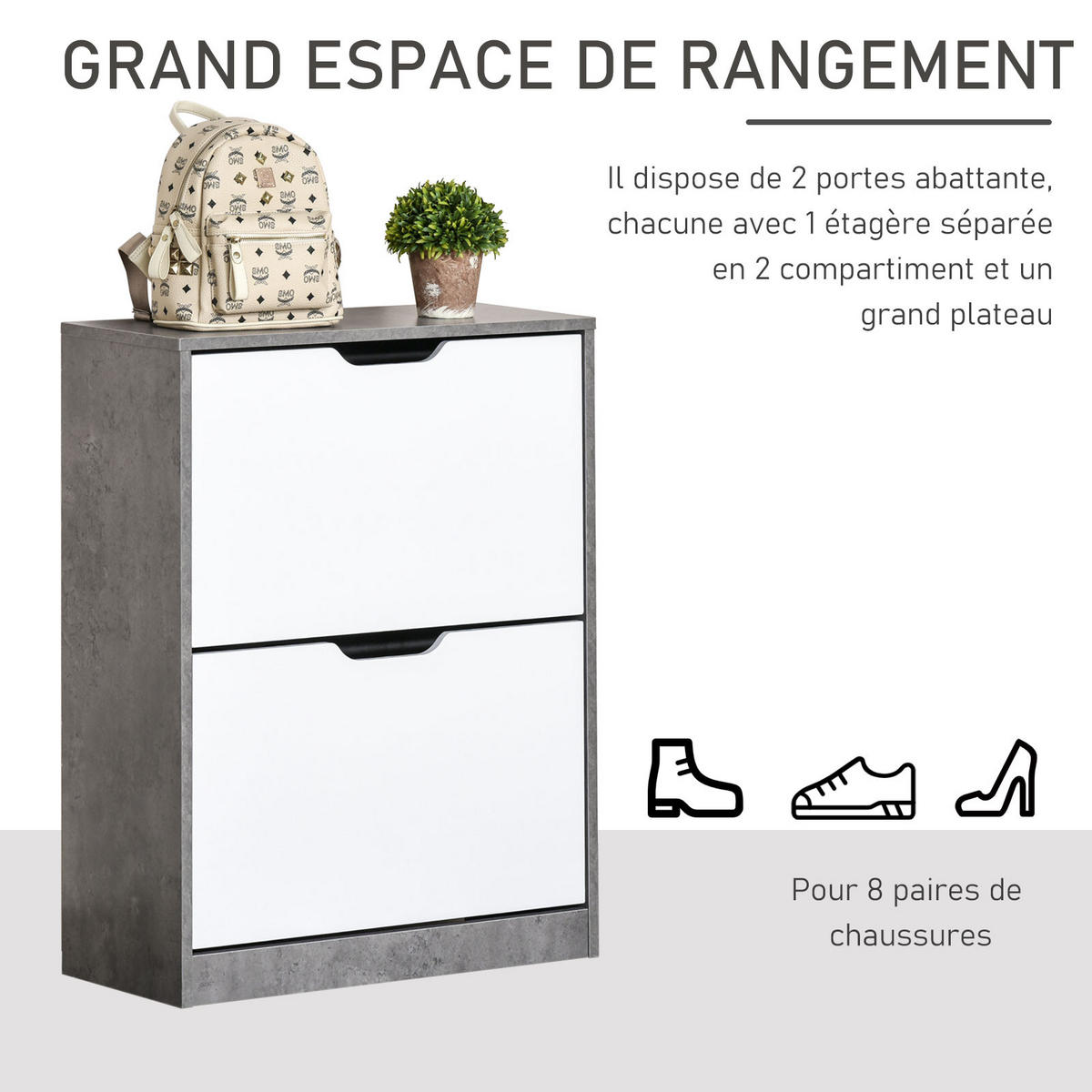 SCHUHSCHRANK DE-14978 2 Klapptüren mit verstellbaren Böden Grau - Weiß, Holzwerkstoff (62.5/81/26cm) - ComfortXL