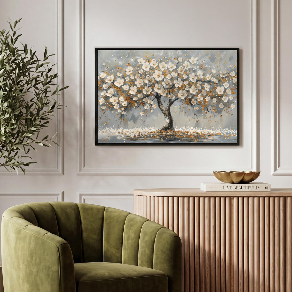 LEINWAND Bilder mit Rahmen - Baum - Blumen - Weiß - Natur - Kunst - 60x40 - Weiß, Textil (60/40cm) - MuchoWow