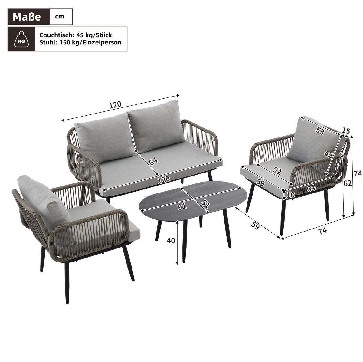 ZAHRADNÍ lounge set z galvanizované oceli 120x64x74 cm šedý s ručně pleteným výpletem - šedá, textil - Modfu