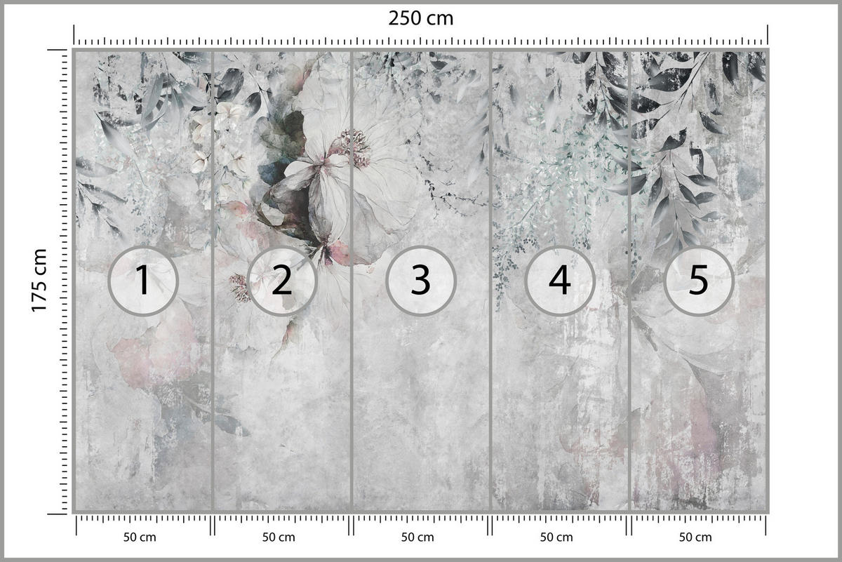 FOTOTAPETE für Büro Zarte Blätter Grau Betonwand Blumen Natur 250x175 - Grau, Papier (250/175cm) - Muralo