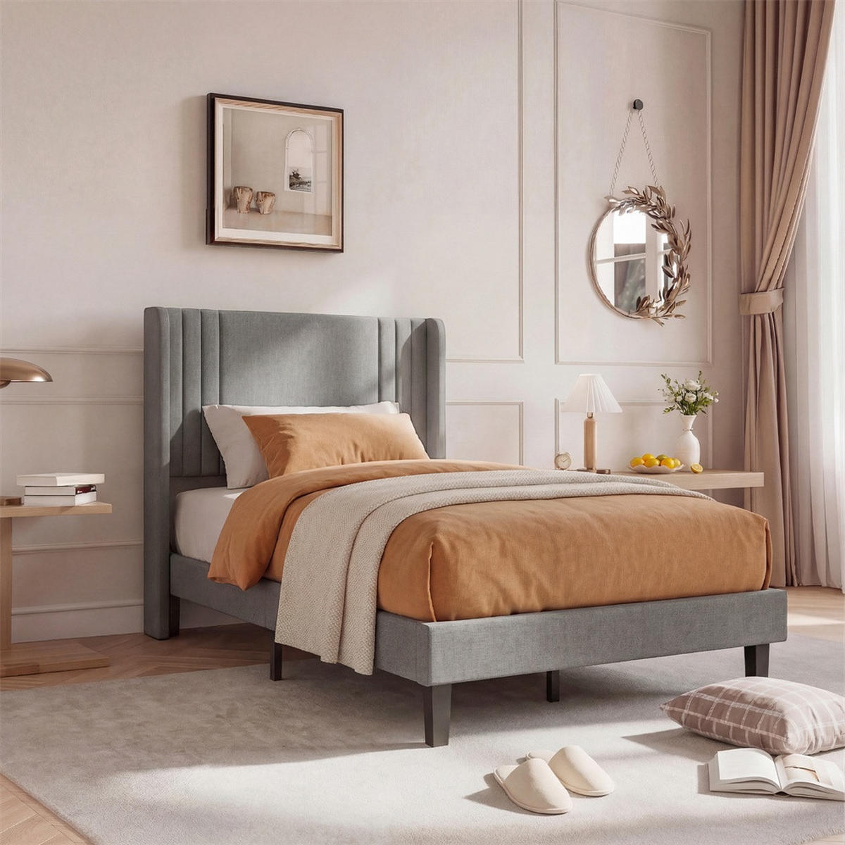 POLSTERBETT 90 x 200 cm aus Leinen mit gepolstertem Kopfteil - tabile Bettbeine ohne Matratze - Grau - Grau, Textil (90/200cm) - DELFA