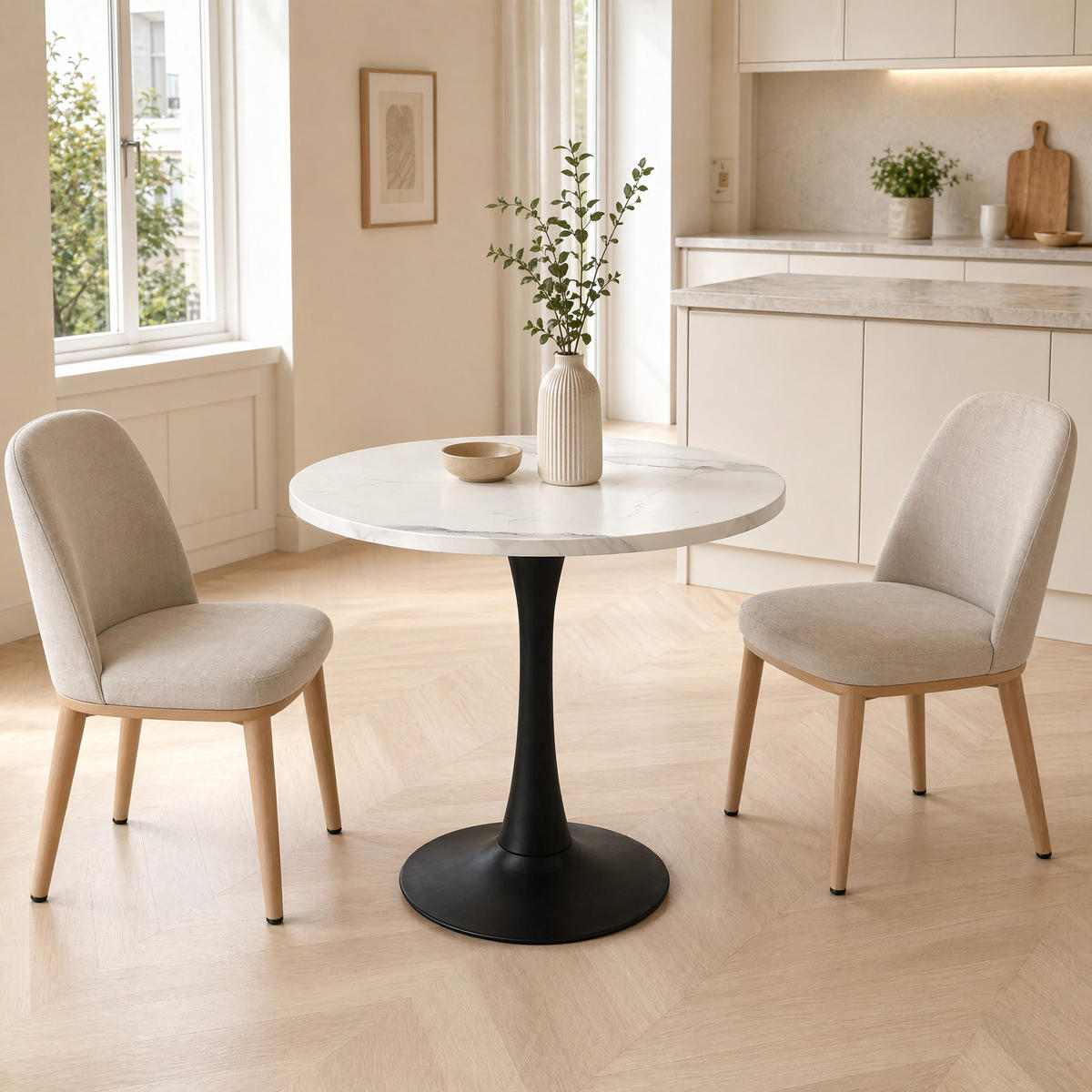 ESSTISCH in Weißer Marmor runder Küchentisch für 2-4 Personen, B80/T80/H75 cm - Schwarz/Weiß, Holzwerkstoff/Metall (80/80/75cm) - STILVORA