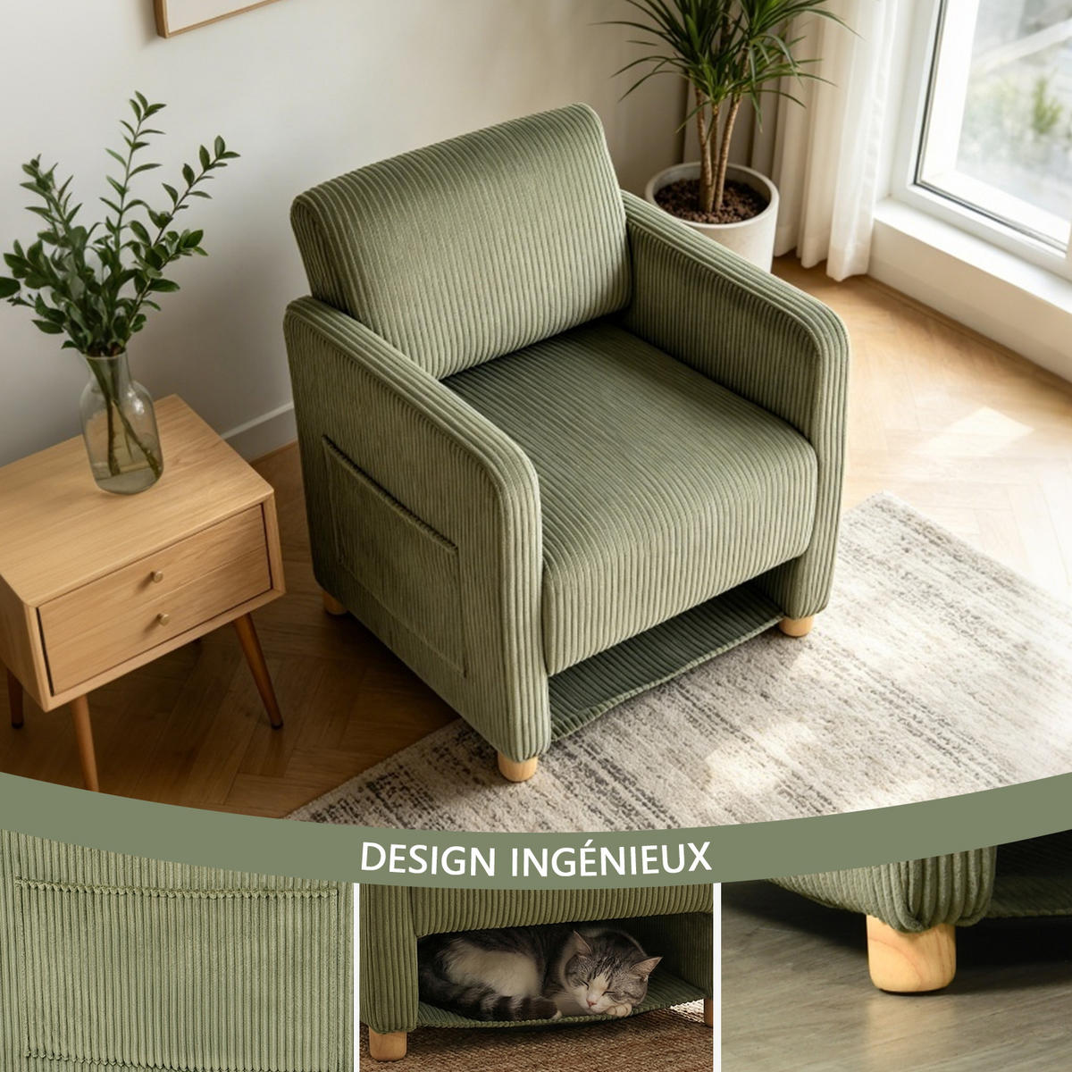 SESSEL, 2er-Set, mit Armlehnen, Cordbezug und Massivholzfüßen, Grün - Grün, Holz (66/76.5/73.5cm) - Meubles Cosy