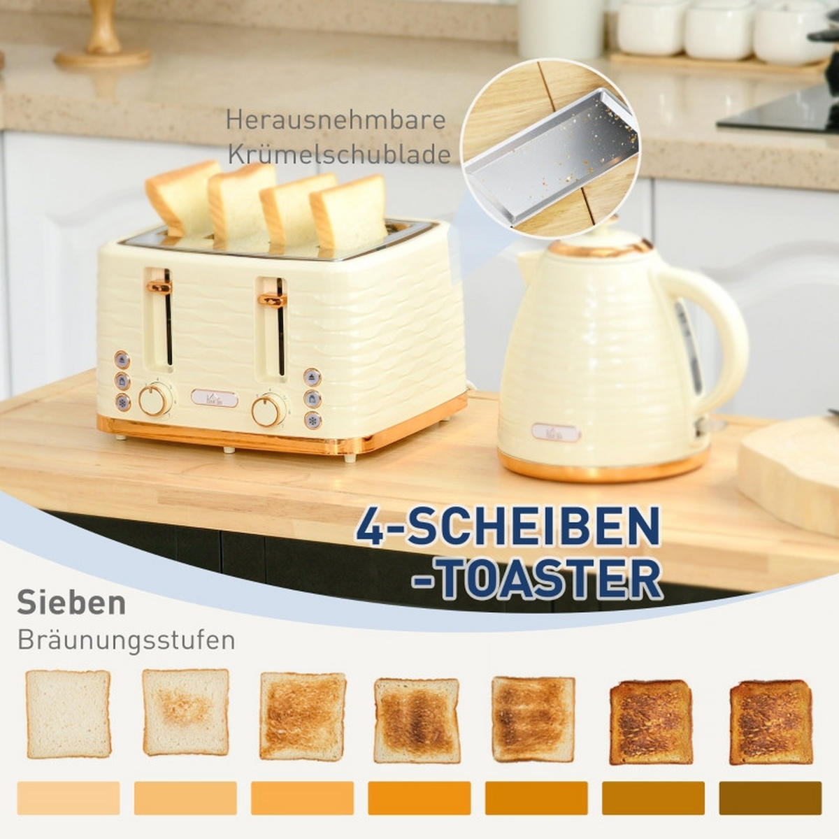 WASSERKOCHER 2-tlg Toaster-Wasserkocher-Set 7 Bräunungsstufen Auftau-Aufwärmfunktion Beige - Beige, Kunststoff (19.5/23.2/24.1cm) - Raelunyi
