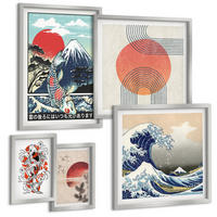 BILDER SET 5er Set - 50x50 cm & 20x30 cm & 40x60 cm Silberner Rahmen - Illustrationen von Fischbergen, die sich in Japan ausbreiten - Silberfarben, Kunststoff (40/60cm) - TULUP