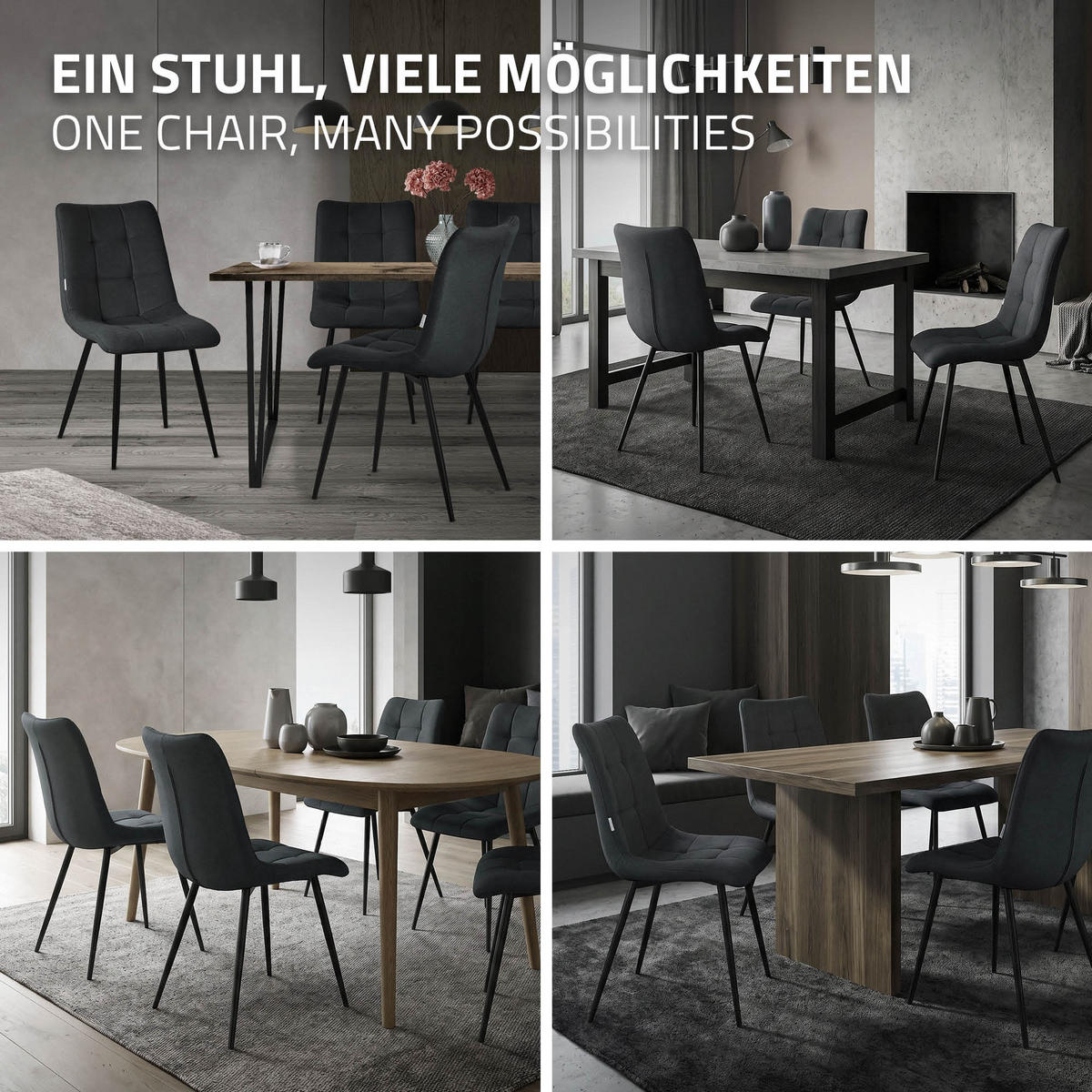 ESSZIMMERSTÜHLE 6ER-SET Anthrazit Stoffbezug - Anthrazit/Schwarz, Textil/Metall (49/89/60.5cm) - ML-DESIGN