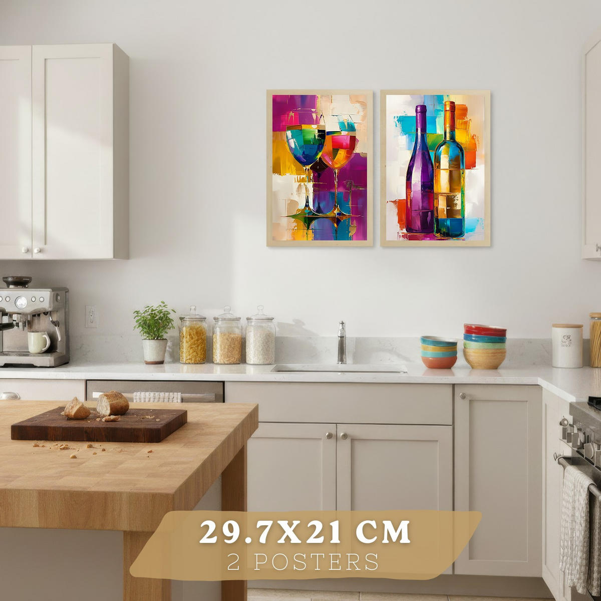 PLAKAT Sada 2 Pop Wine A4 Lehký dřevěný rám - béžová, papír (29.7/1/21cm) - Nacnic