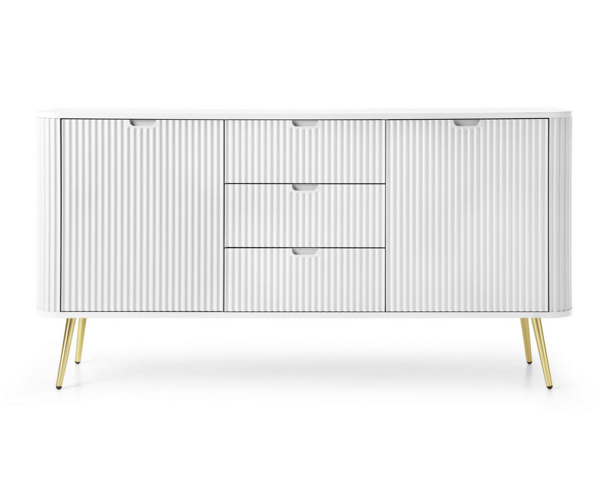 SIDEBOARD Salvia 2T 3S Weiß, Gold 168/87/39 cm – mit geriffelten Fronten und hohen Beinen - Goldfarben/Weiß, Holzwerkstoff/Metall (168/87/39cm) - AX Living