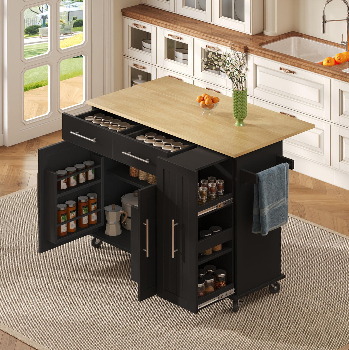 KÜCHENINSEL 120/90/40 cm Schwarz/Natur aus MDF mit Klappblatt - Schwarz, Holzwerkstoff (40/90/120cm) - OKMYHOME