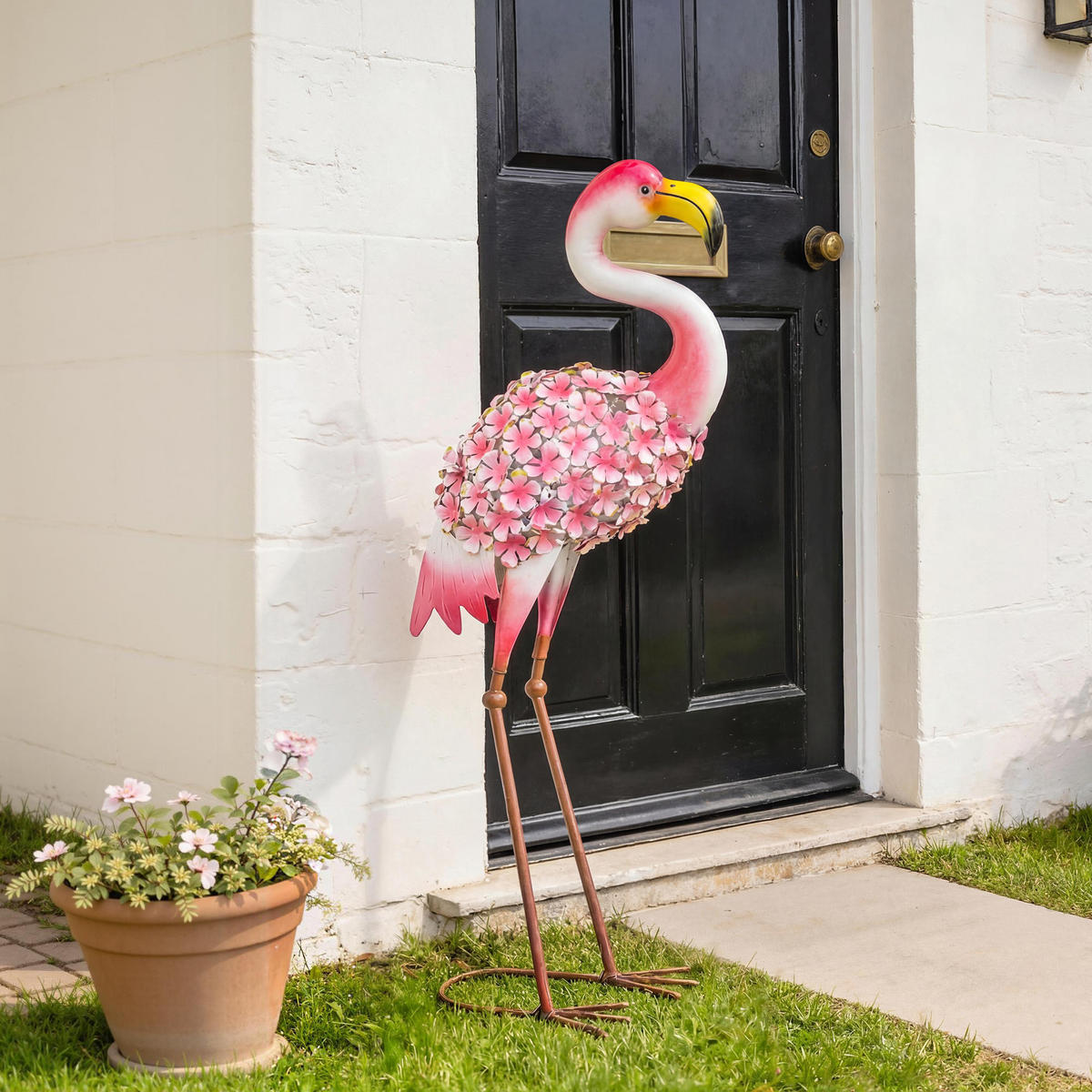 GARTENFIGUR DE-13873 Flamingo mit Blütenfedern Rot - Rot, Metall (19/83/28cm) - ComfortXL