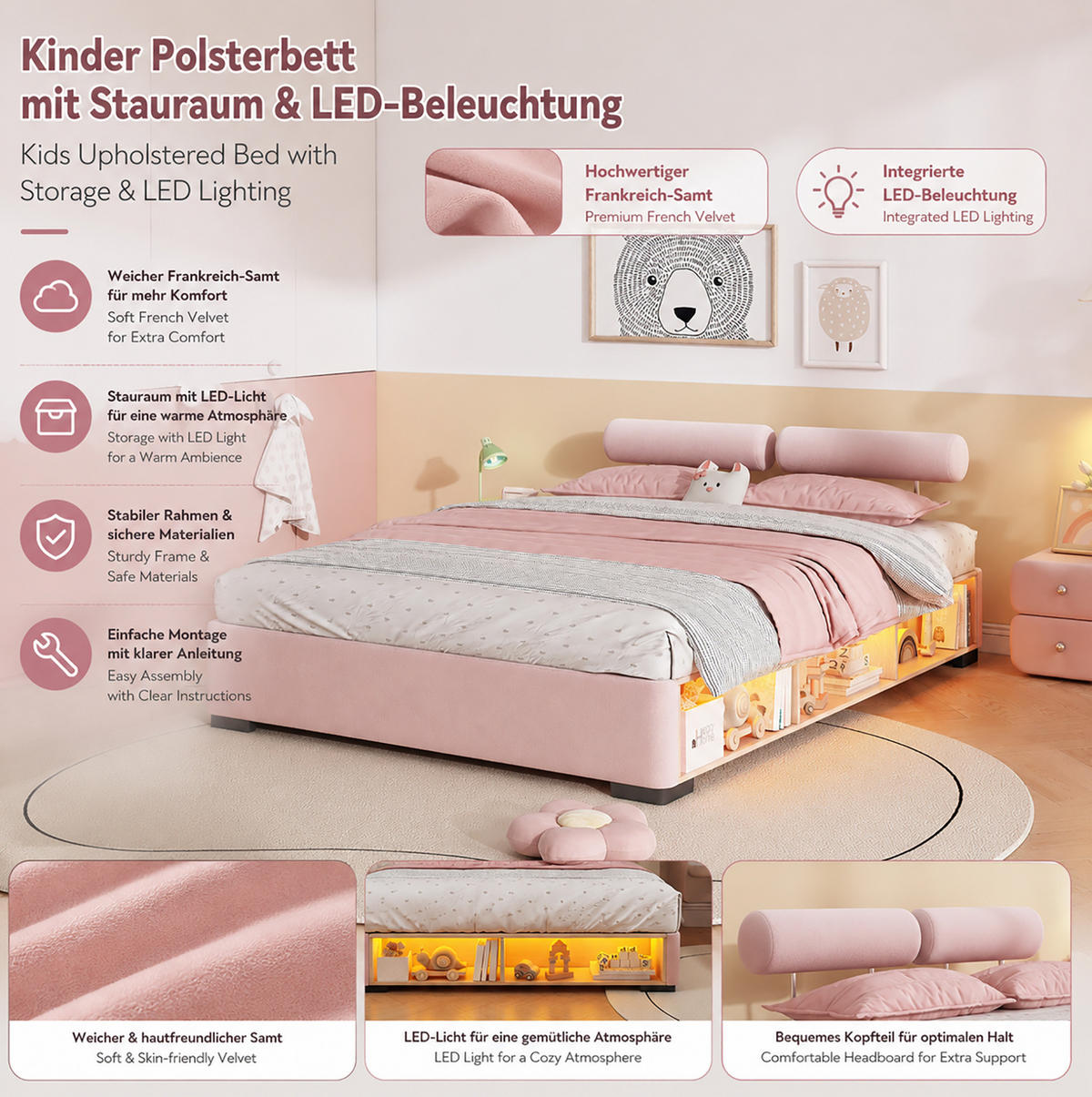 POLSTERBETT Rosa 140/200 cm mit LED und Stauraumfächern ohne Matratze - Pink, Textil (140/200cm) - MIVRAY