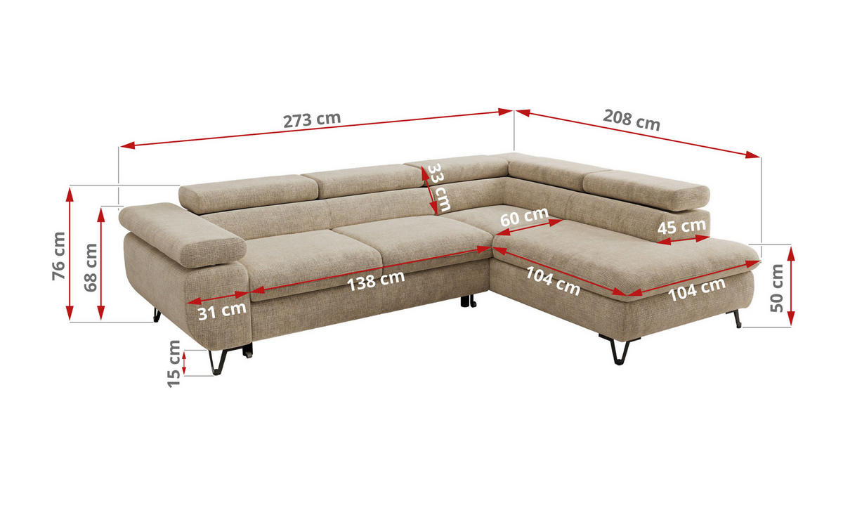 ECKSOFA PABLO L Beige Schenille grob gewebt - Links Seite mit Visco Topper - Beige/Schwarz, Textil/Metall (208/273cm) - MKS