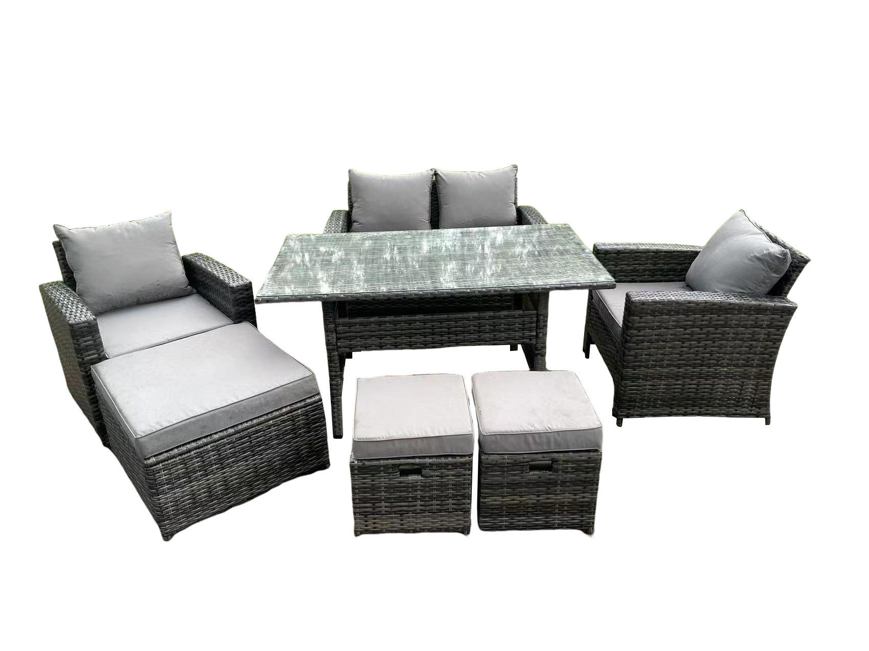 GARTENMÖBELGARNITUR Polyrattan Dunkelgrau 7-Sitzer - Dunkelgrau/Grau, Glas/Kunststoff - Fimous