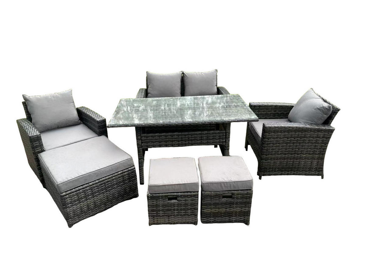 GARTENMÖBELGARNITUR Polyrattan Dunkelgrau 7-Sitzer - Dunkelgrau/Grau, Glas/Kunststoff - Fimous