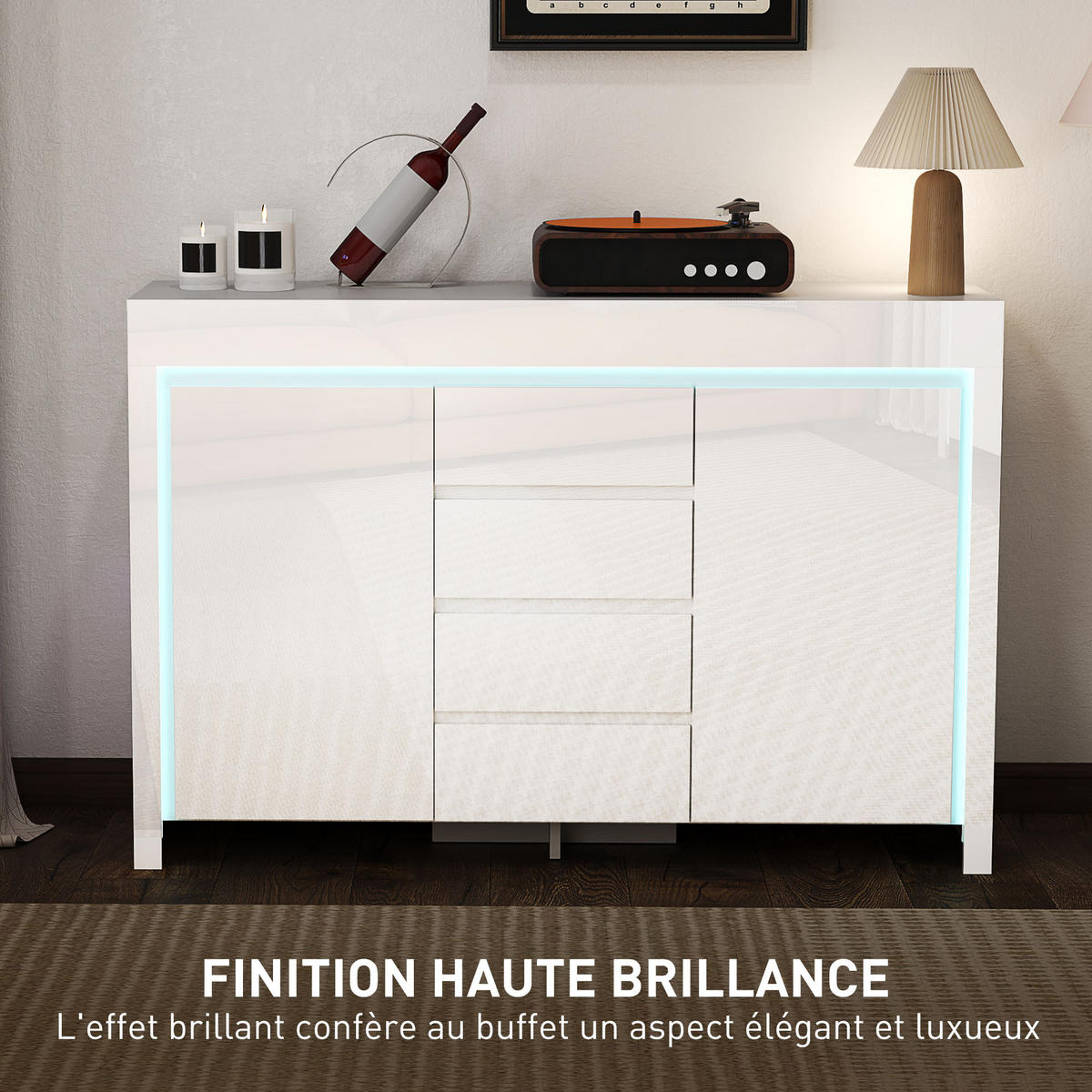 SIDEBOARD Weiß Hochglanz, LED-Beleuchtung, 4 Schubladen, 120/34/80 cm - Weiß Hochglanz, Holz (120/80/34cm) - PANGIVO