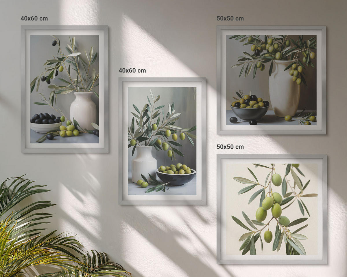 WANDBILDER 4er Set - 50x50 cm & 40x60 cm Silberner Rahmen - Oliven in grauen Vasen - Silberfarben, Kunststoff (50/50cm) - ArtPrintCave