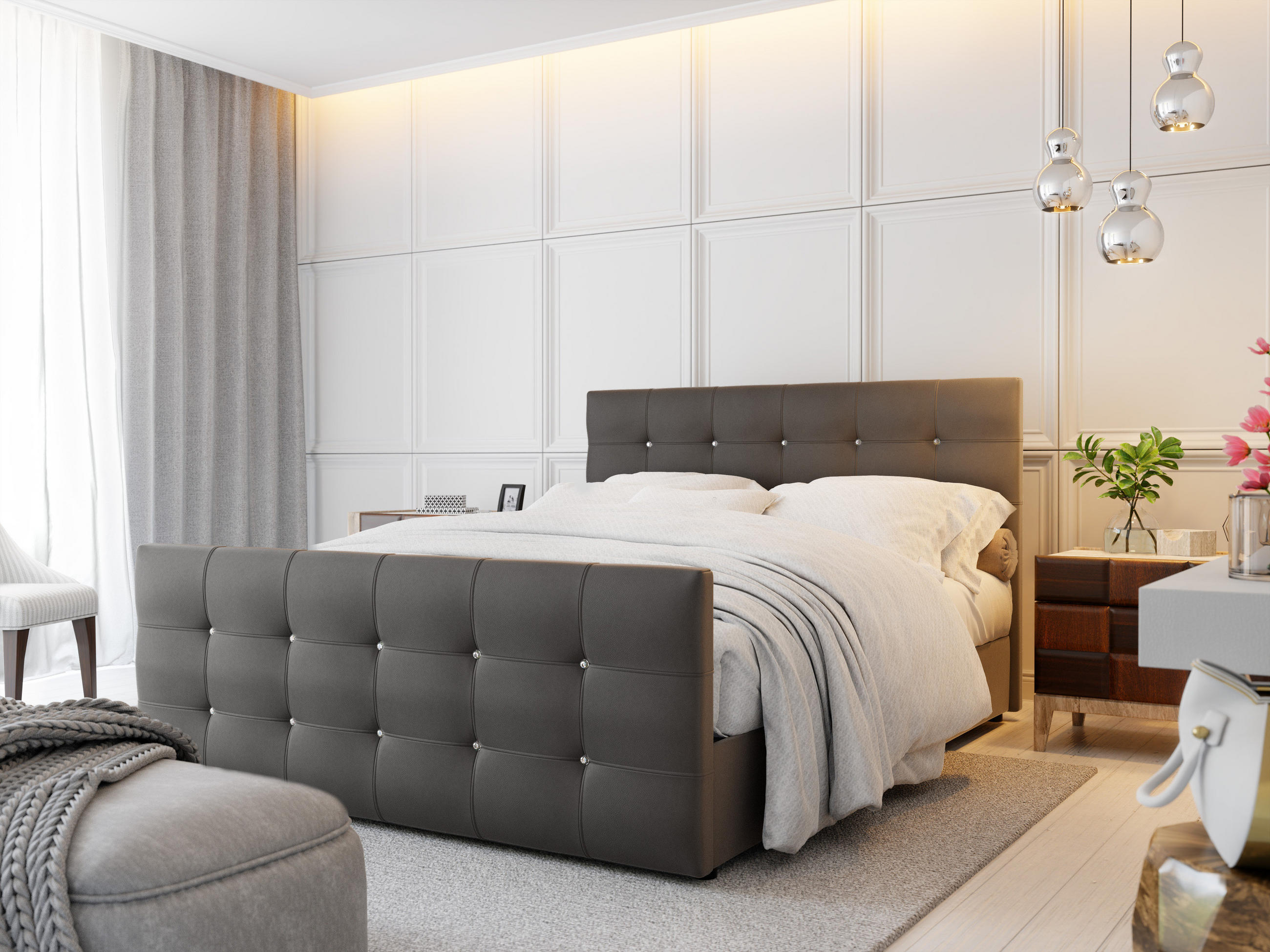 BOXBETT KLEO 200x200, mit Matratze H3, Bonell und Topper, Madryt 195 - Grau, Holz/Kunststoff (200/200cm) - Bedante
