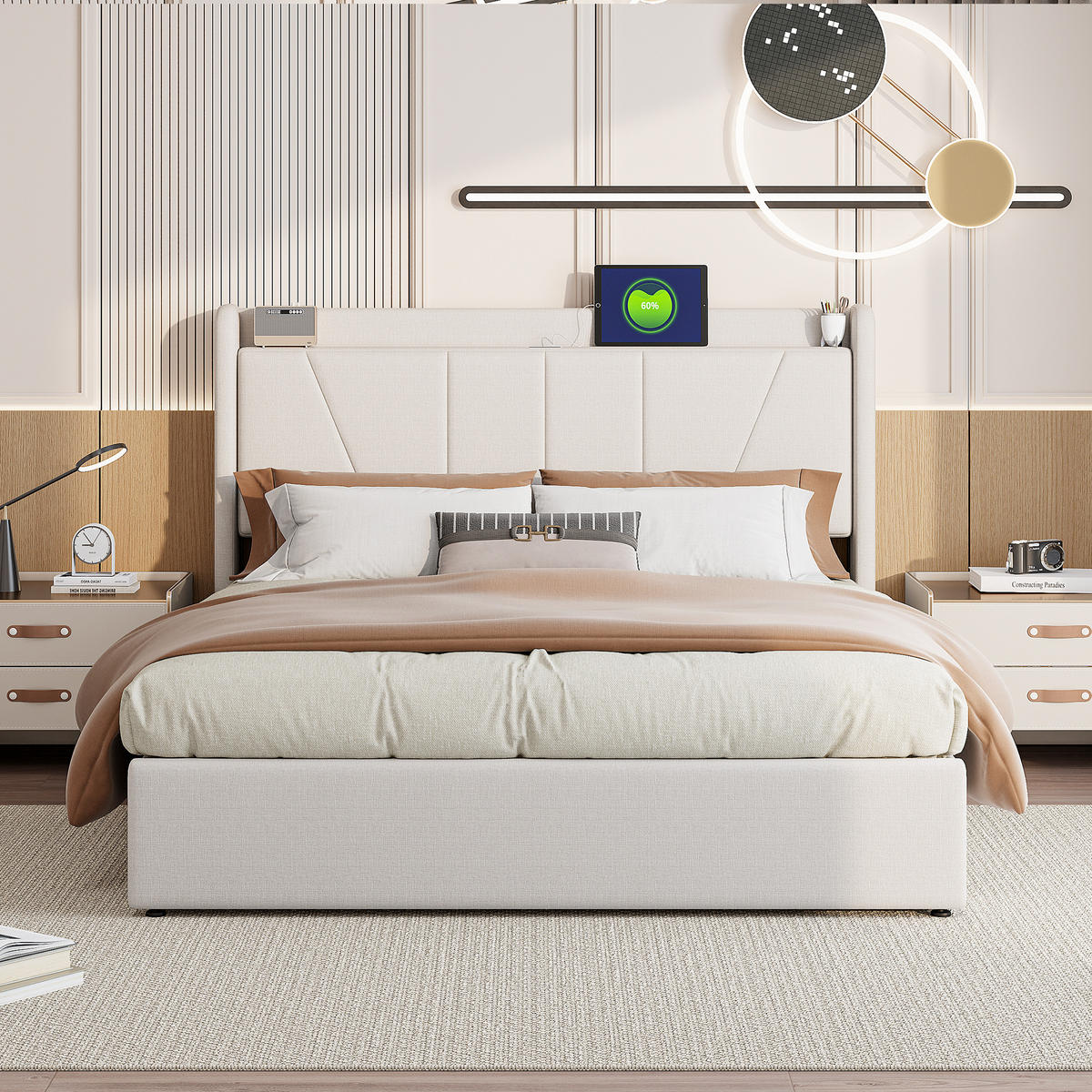POLSTERBETT 160x200 cm mit hydraulischem Stauraum, 2 USB & 1 Typ-C Anschluss, Leinenstoff in Beige - Beige, Holz (160/200cm) - BRILVERDE