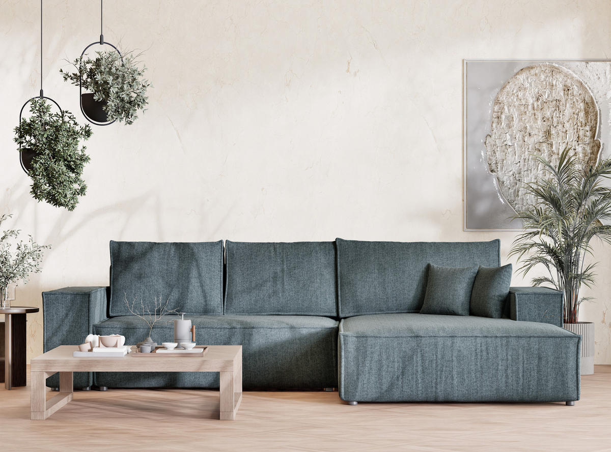 ECKSOFA Maze Blau Webstoff - Rechts Seite - Blau/Schwarz, Holz/Holzwerkstoff (294/185cm) - Maison de Reve