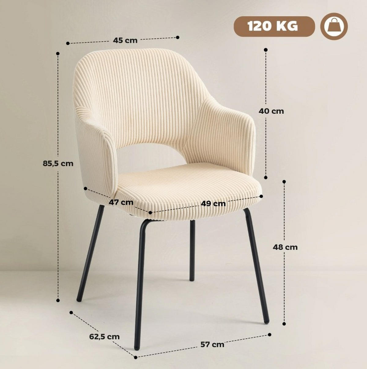 STUHL 62.5x57x85.5 cm in Beige, gepolstert, Cordbezug, Wannenform - Beige, Textil (57/85.5/62.5cm) - Modfu