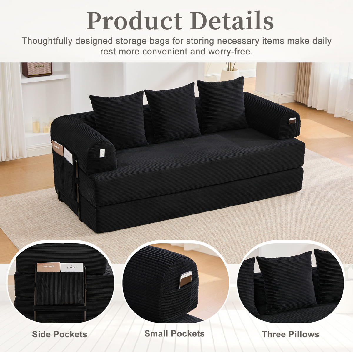 SOFA 200/94/67 cm in Schwarz aus Cord mit modularer Funktion und 3 Kissen - Schwarz, Textil (94/67/200cm) - Flora Grace