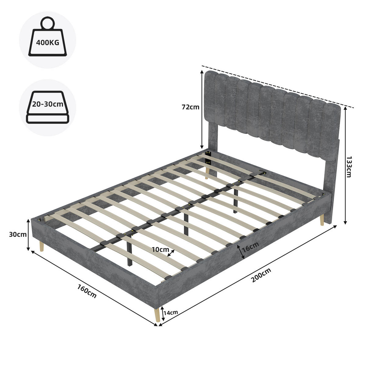 POLSTERBETT 160x200 cm ohne Stauraum grau - Grau, Textil (160/200cm) - LEBENLANG