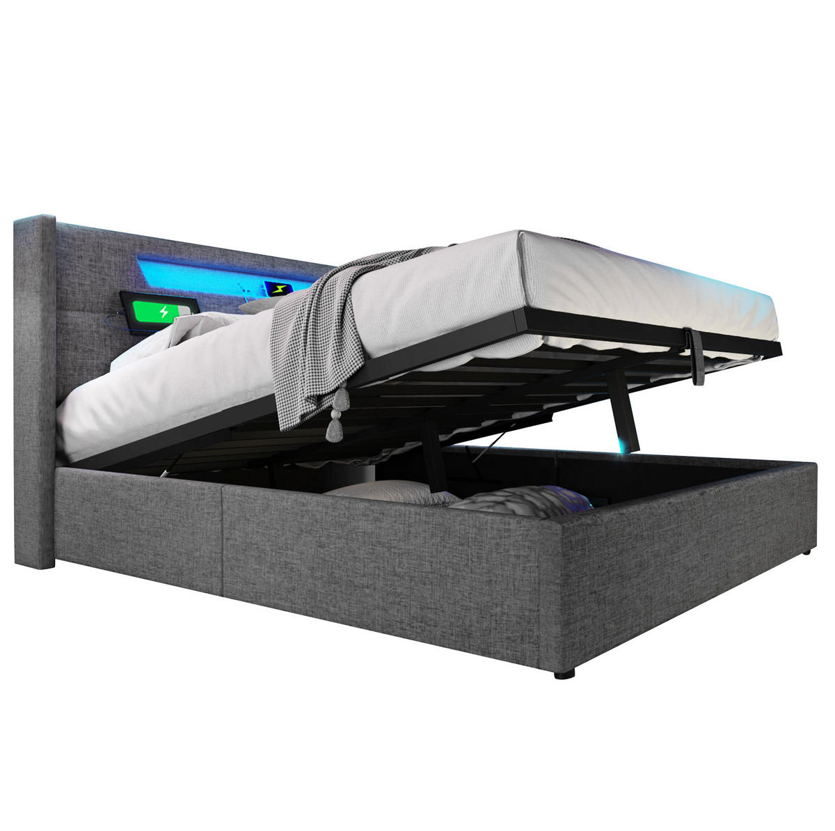 POLSTERBETT 160/200 cm Grau mit USB- und Type-C-Anschlüssen und LED-Beleuchtung Mit Matratze - Grau, Textil (160/200cm) - OKWISH