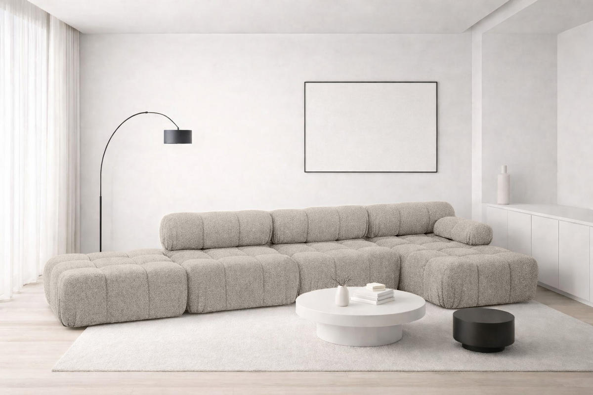 ECKSOFA L-Form XL, Stoff Bouclé Abriamo, Beige, Rechts, Selia L XL - Beige, Holz (380/160cm) - Kaiser Möbel