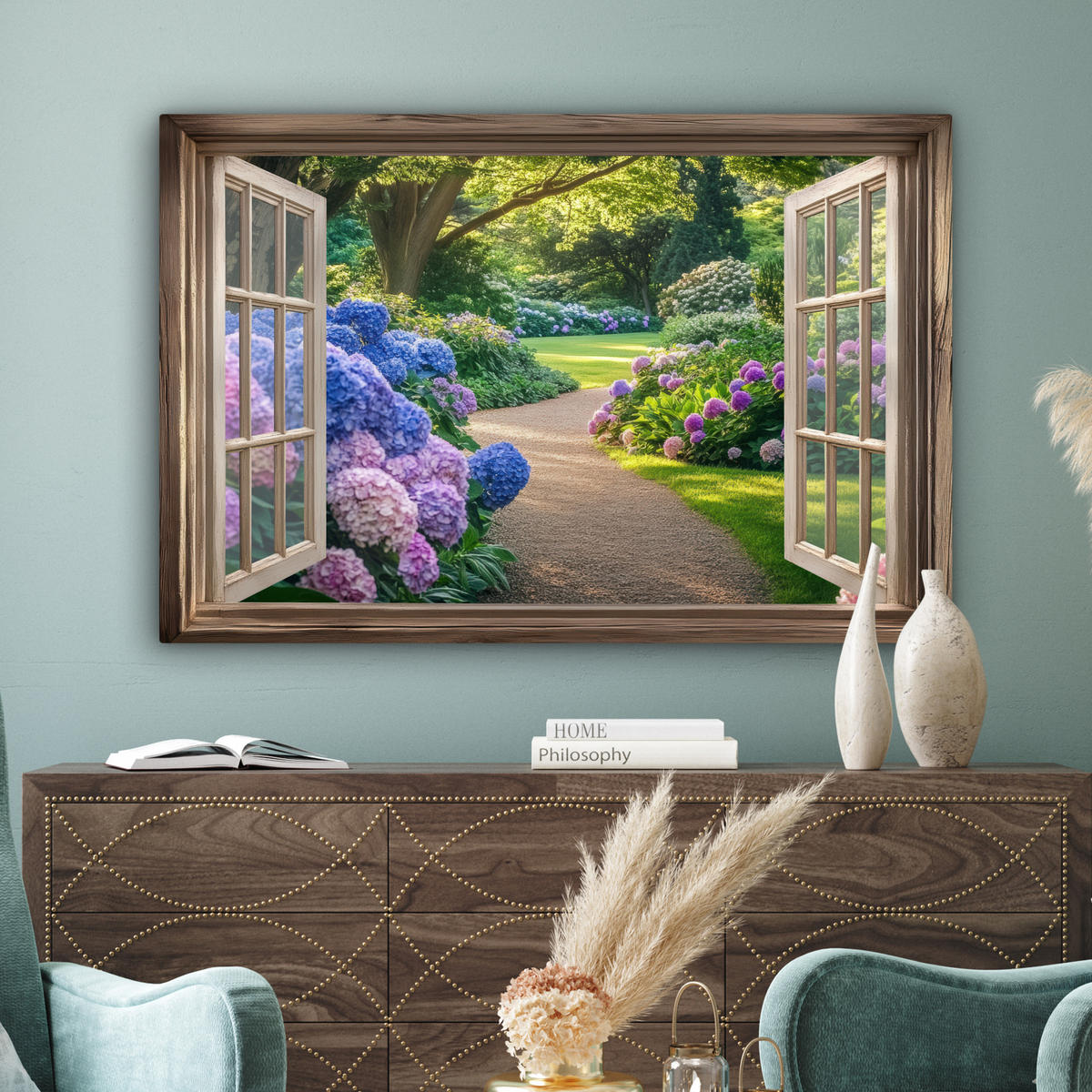 LEINWANDBILD Aussicht - Garten - Fenster - Hortensie - Blumen Wohnzimmer Groß 120x80 cm - Pastellblau, Textil (120/80cm) - MuchoWow