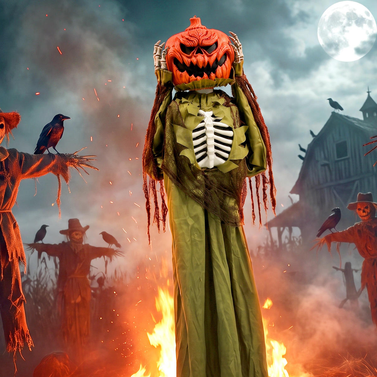 HALLOWEENDEKO DE-42108 Pop-up-Kürbis-Skelett 173 cm mit LED und Sound - Dunkelgrün, Metall (50/173/20cm) - ComfortXL