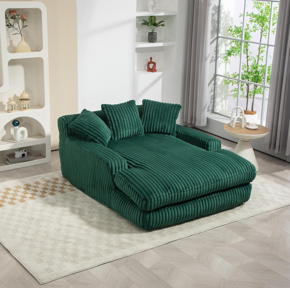 BIGSOFA 125/155/63 cm in Cord Smaragdgrün – bodennahe Chaiselongue mit 3 Kissen - Smaragdgrün, Textil (63/125/155cm) - BEAOK